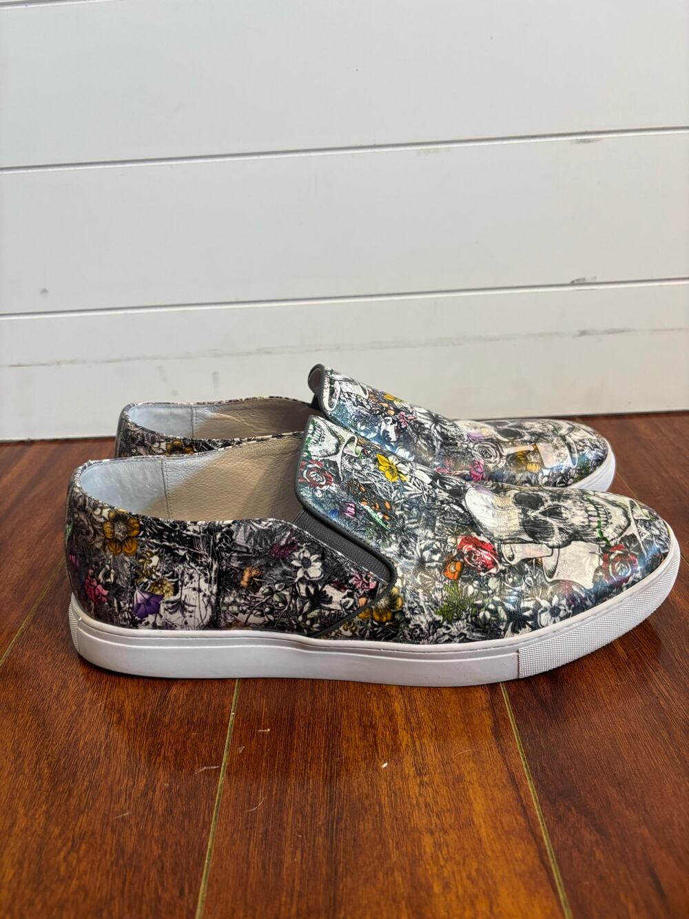 Robert Graham Slip On Sneakers Shoes Skull Floral Art White Men 12 Leather